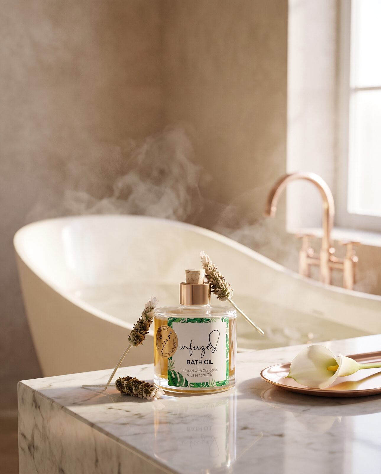 Infuzed Bath Oil beside a steaming ivory bath with rose-gold taps