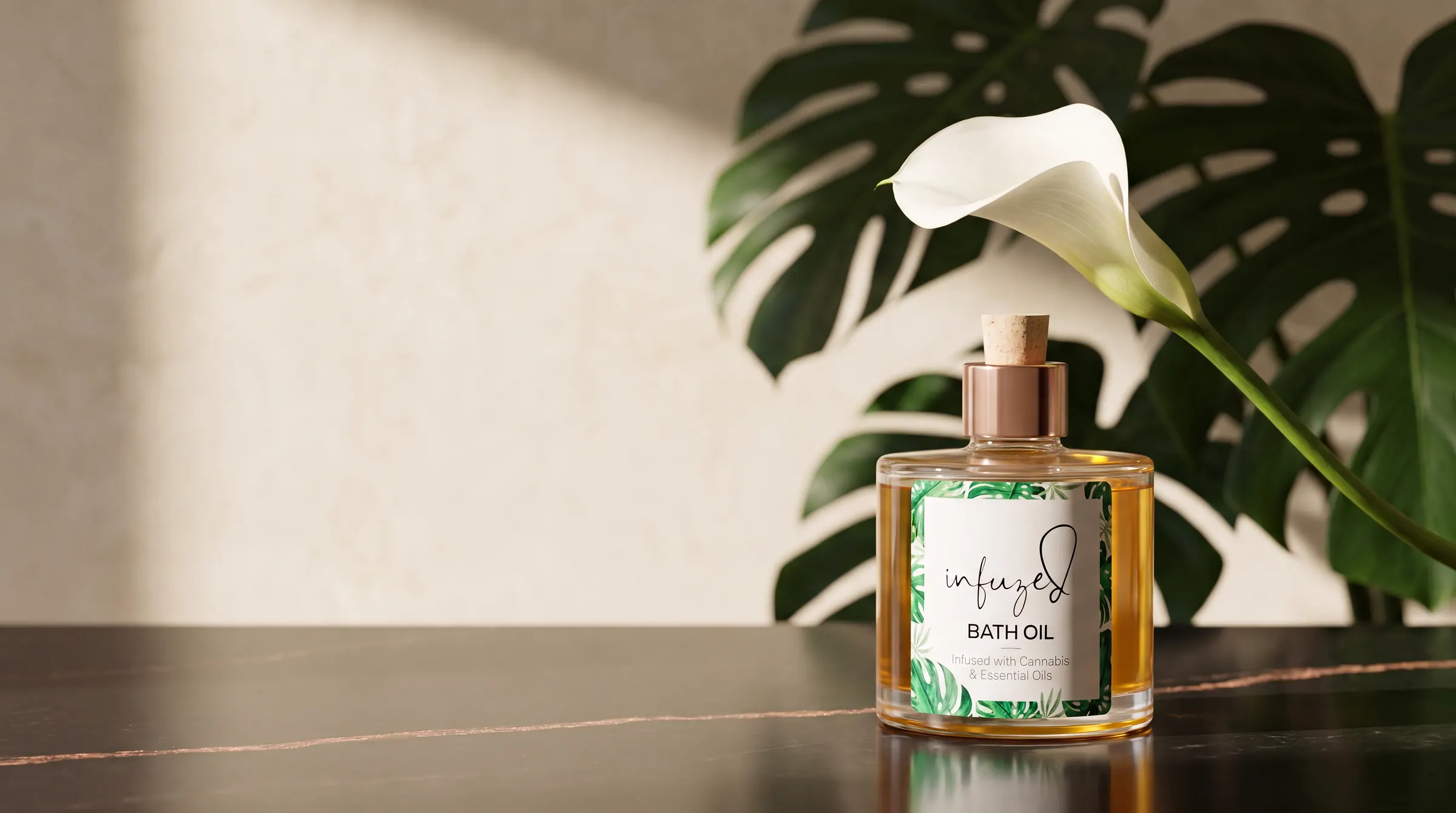 Infuzed Bath Oil bottle on smoked black resin beside a white calla lily and monstera leaves